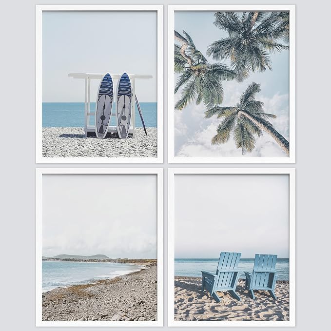 SIGNWIN Framed White Surfboard Tropical Palm Tree Beach Shore Wall Art, Set of 4 Landscape Colorful Wall Decor Prints, Nature Wilderness Wall Décor for Living Room, Bedroom - 8"x10" White