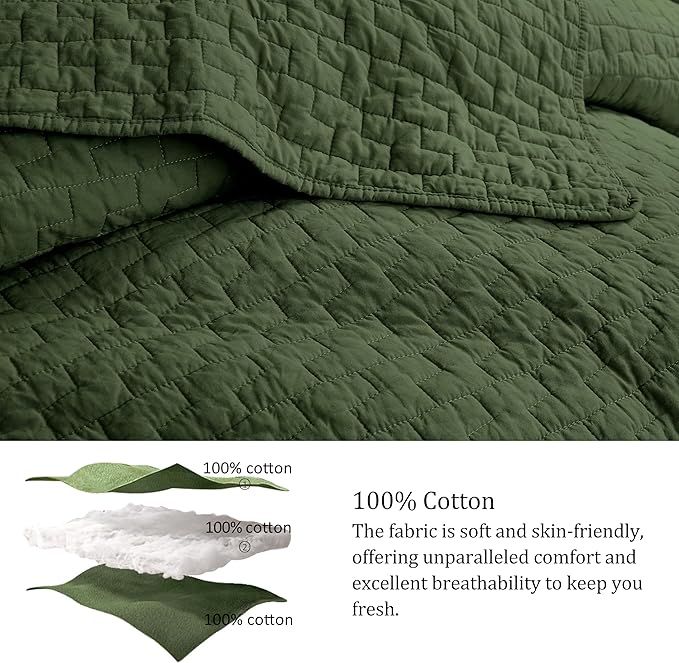 palassio Olive Green 100% Cotton Quilt Queen Size Bedding Sets with 2 Pillow Shams, Textured Lightweight Soft Bedspread Shabby Chic Coverlet, Quilted Comforter Bed Cover for All Season, 3 Pieces