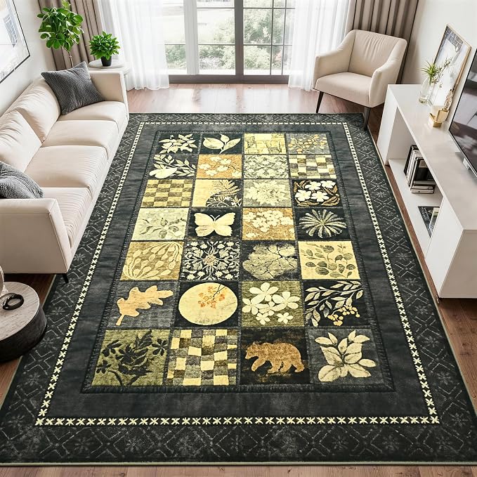 Tepook 5x7 Area Rugs for Living Room, Modern Large Geometric Rug for Bedroom, Washable Patchwork Rug Indoor Non Slip Throw Carpets for Dining Room Office Farmhouse Home Decor, Dark Grey