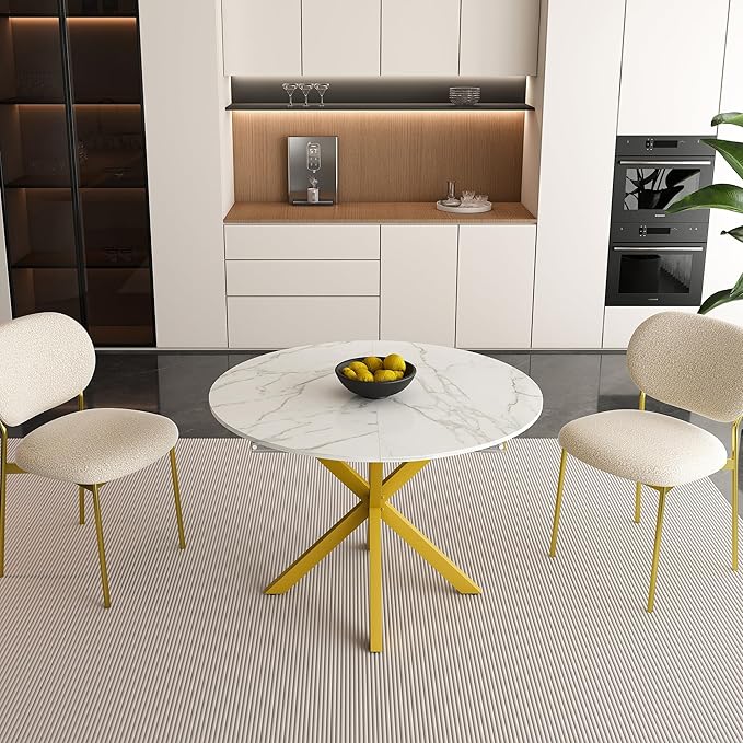 43"-59" Extendable Round Dining Table for 4-6,Modern White and Gold Dining Room Table,Expandable Kitchen Table for Small Spaces