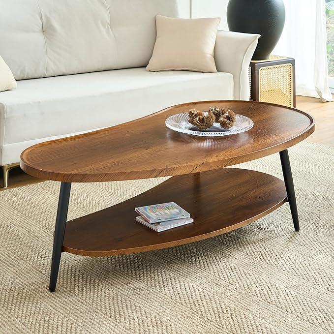 Shrine Mango-Shaped Wood Coffee Table, Mid-Century Modern Coffee Table, Brown Walnut Table for Living Room, D47.2''x W25''x H15.3'', Sleek Conical Metal Legs with Black Finish