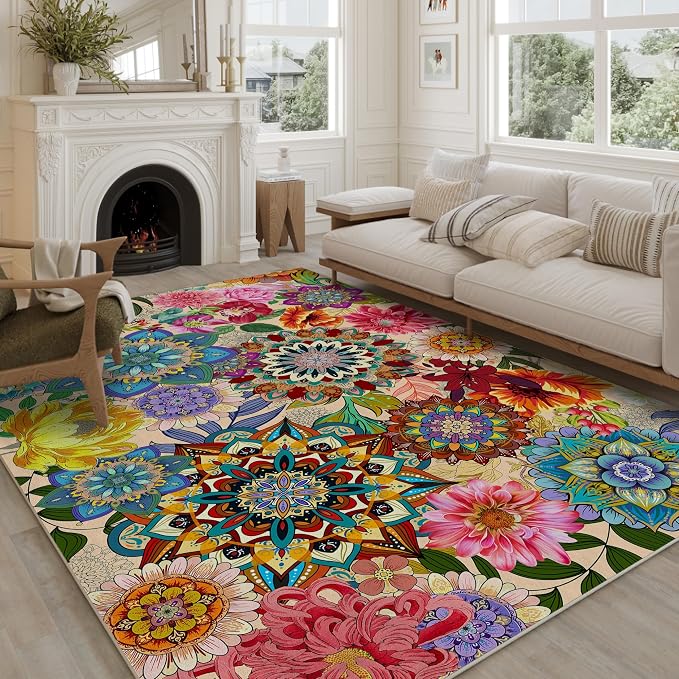 Boho Floral Rug for Living Room 5'x7', Non-Slip Machine Washable Farmhouse Floor Carpet Colorful Flowers Area Rugs for Bedroom Dining Room Boho Home Decor Aesthentic
