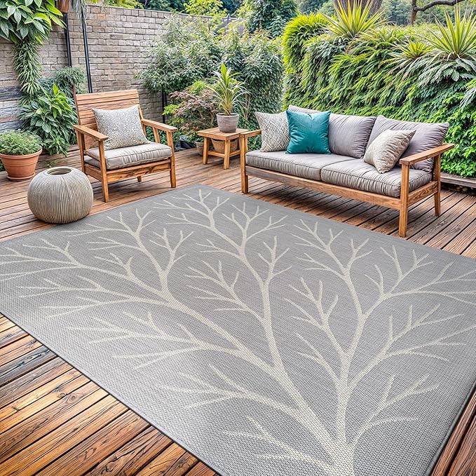 Washable Indoor Outdoor Rug 6x9 Modern Area Rugs Branch Pattern Non Shedding Waterproof Easy Clean Patio Deck Porch Living Room Bedroom Garden RV (6 X 9 Gray)