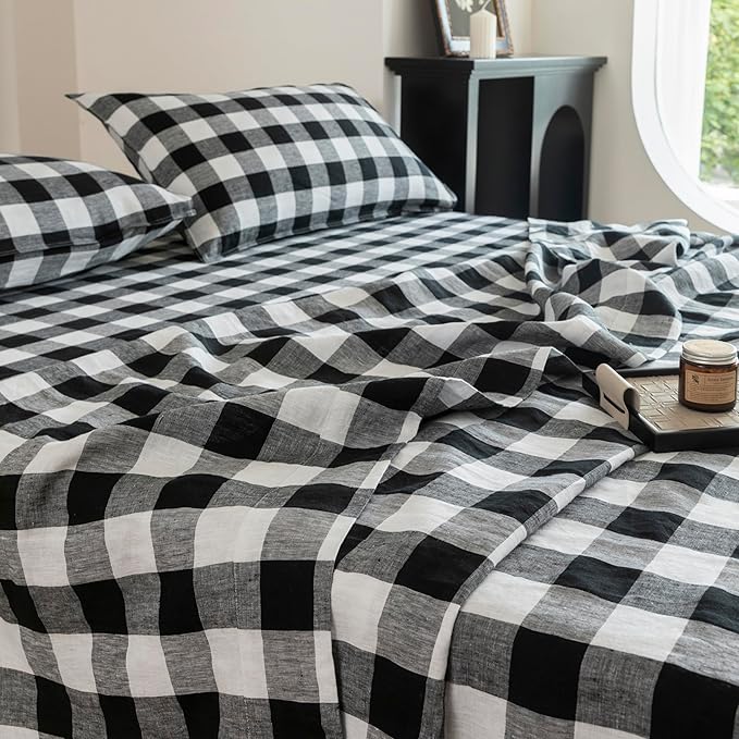 EVERLY Linen Sheets Set Queen Size,100% French Stonewash Pure Linen Sheets Set,4Pieces (1Flat Sheet,1Fitted Sheet,2Pillowcase) Suitable for Hot Sleepers,Deep Pocket Natural Bedding Set-Black Plaid