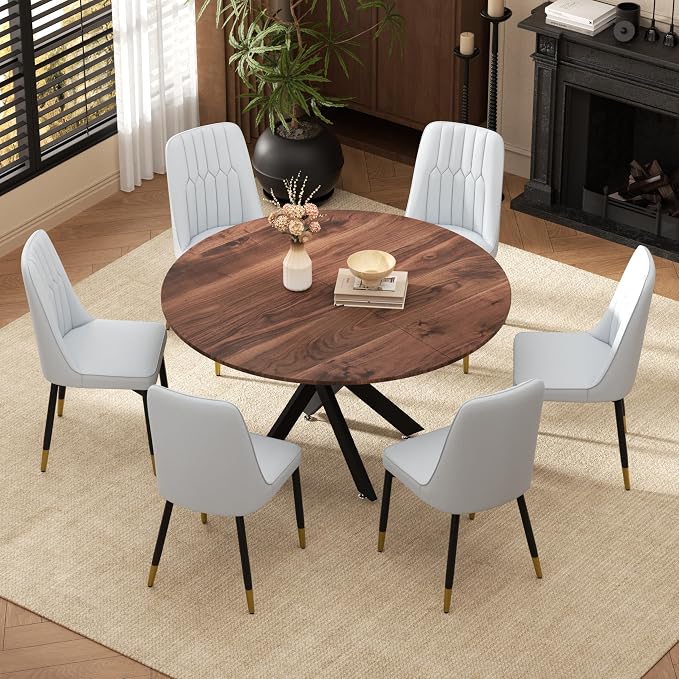 RGZ Mid Century Walnut Round Dining Table Set for 6, 47" Large Wooden Circle Kitchen Table & 6 Light Gray PU Leather Kitchen Chairs, Dinner Table Set for Home, Apartment, Dining Room
