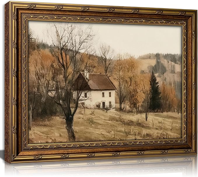 Vintage Gold Framed Autumn Country Cottage Wall Art ，Rustic Farmhouse Landscape Canvas Prints, Retro Fall Cabin Painting for Living Room Bedroom Kitchen Wall Decor，12x16in