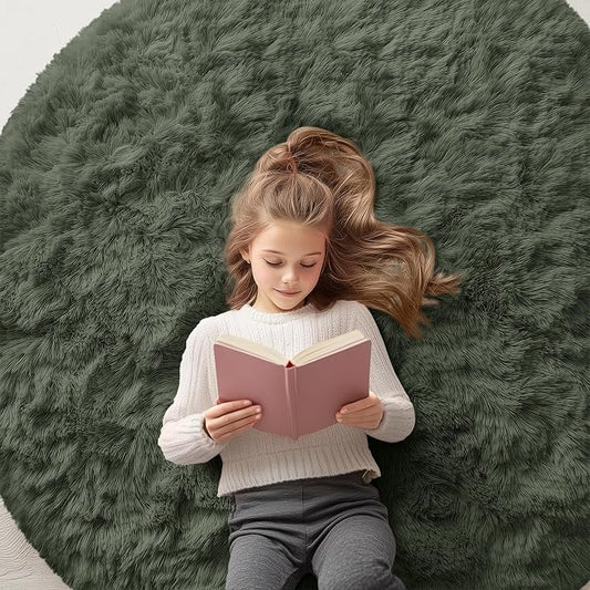 OLANLY Olive Green Round Rugs for Bedroom - Machine Washable, 5 ft Circle Area Rugs for Living Room, Soft and Fluffy Shaggy Carpet for Teen Girl and Boys, Nursery Rooms, Dorms, Home Decor Aesthetic