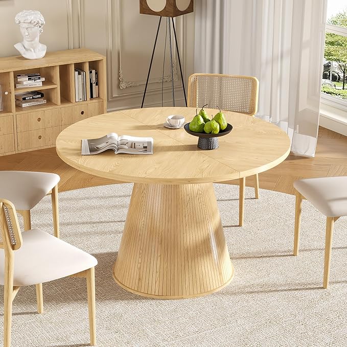 47 inch Round Dining Table for 4-6, Circle Kitchen Table with Sturdy Tapered Base, Mid Century Modern Fluted Dining Tables for Dining Room, Kitchen, Living Room (Wood, 47inch)