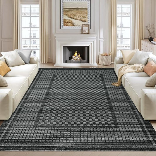 Large Area Rug 10x13 Rug for Living Room Modern Black Checkered Washable Bedroom Rug Farmhouse Non Slip Throw Rugs Soft Low Pile Stain Resistant Carpet for Dining Room Department 10'x13'