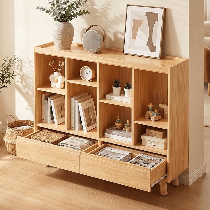 YOSHOOT 8 Cube Bookshelf with 2 Drawers - 42.5" Wood Cube Bookcase with Legs, Open Cubby Bookshelves for Bedroom, Living Room,Home Office, Nature