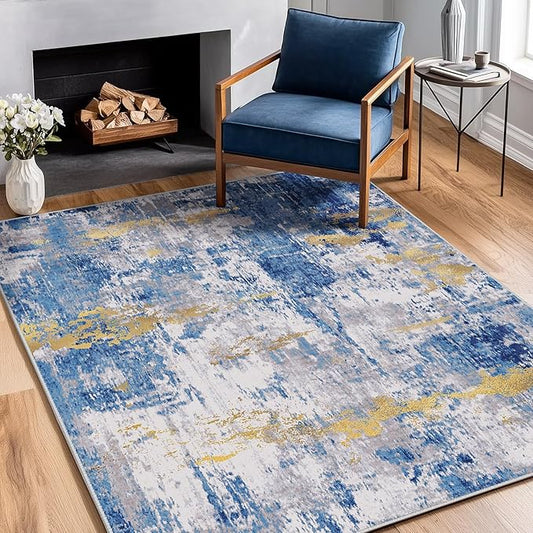 Washable Area Rugs 4'x5' Non-Slip Modern Abstract Soft for Living Room Entryway Bedroom Nursery, Print Pattern, Grey Blue Gold/Golden