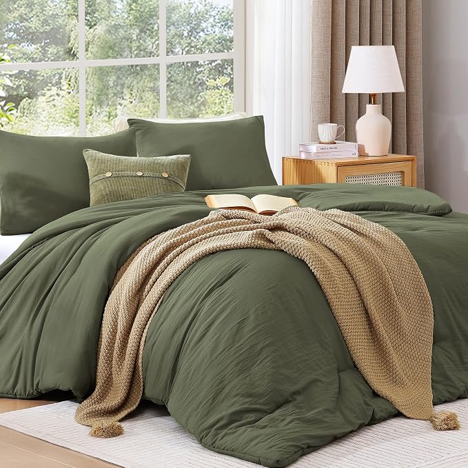 WRENSONGE Super King Comforter Set - 3 Pieces Prewashed Olive Green Comforter Soft Lightweight for All Seasons,Down Alternative Comforters Super King Size with 2 Pillow Shams