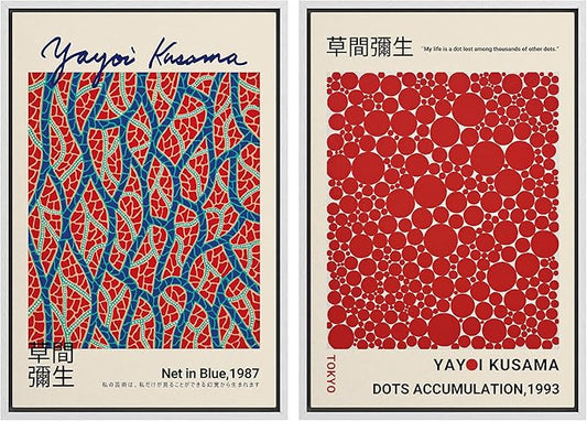 MUDECOR Framed Canvas Print Wall Art Blue Red Dots by Yayoi Kusama Japanese Nature Illustration Modern Art Decorative Multicolor Geometric Minimal for Bedroom - 24"x36"x2 White