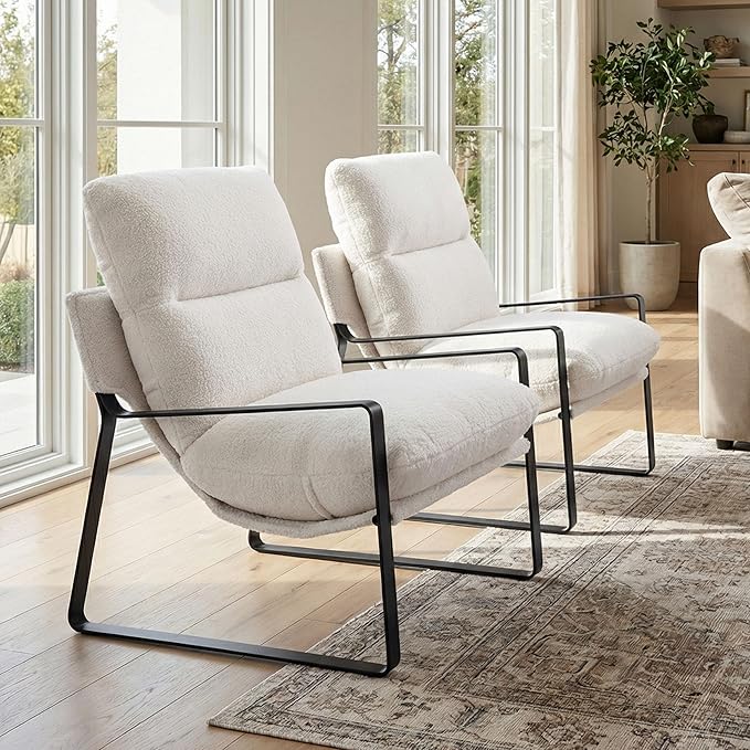 LukeAlon Modern Sherpa Accent Armchairs Set of 2, Upholstered Living Room Chairs with Metal Base Thickened Cushion Single Sofa Chairs Comfy Lounge Chairs for Bedroom Living Room, White