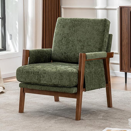 Mid Century Modern Accent Chair with Wood Frame, Upholstered Living Room Chairs with Wide Armrest, Chenille Fabric Comfy Arm Chair for Bedroom, Reading Room, Balcony (1, Green)