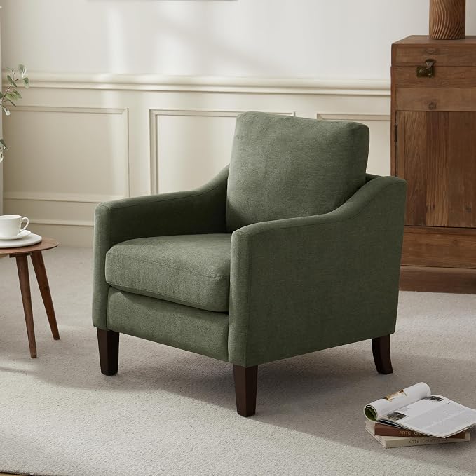 VKNOW Mid Century Modern Accent Chair, Upholstered Living Room Chairs Armchair for Bedroom, Comfy Reading Accent Chairs with Wood Legs for Living Room (1, Green)
