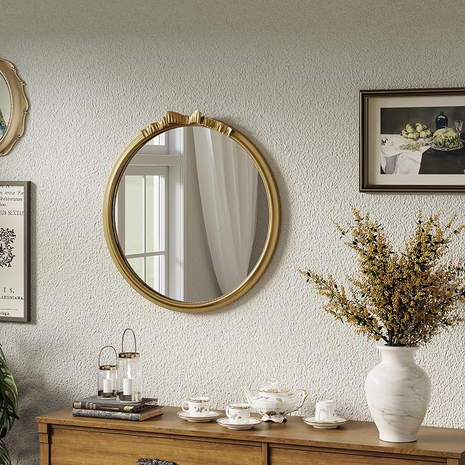 Vintage Gold Elegant French Bow Round Wall Mirror 28" | Ribbon & Beaded Metal Frame, Antique Decorative Wall Mirror, for Nursery, Girls Room, Bedroom