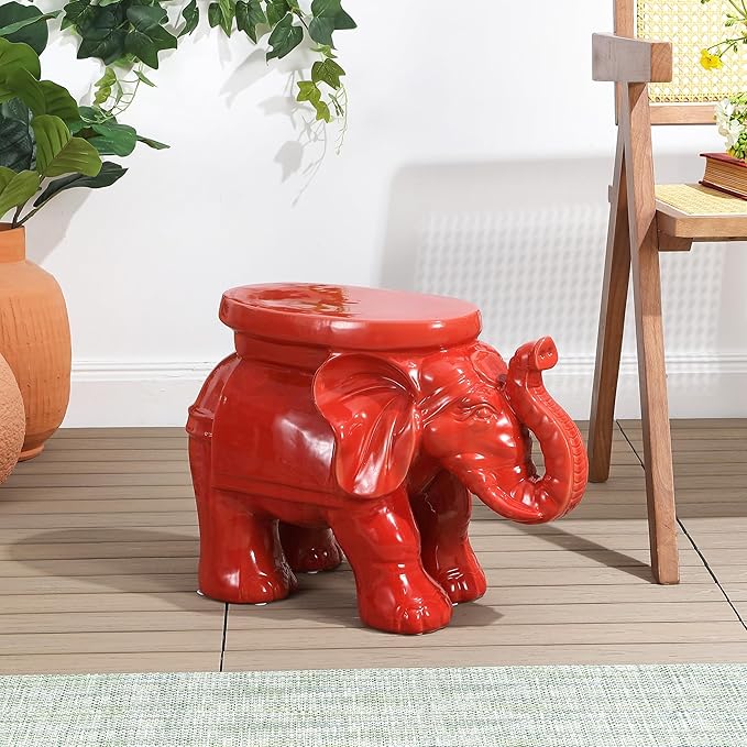 JONATHAN Y TBL1007B White Elephant 14.25" Ceramic Indoor/Outdoor Garden Stool Coastal, Contemporary, Transitional, Living Room, Bathroom, Garden Room, Patio, Red