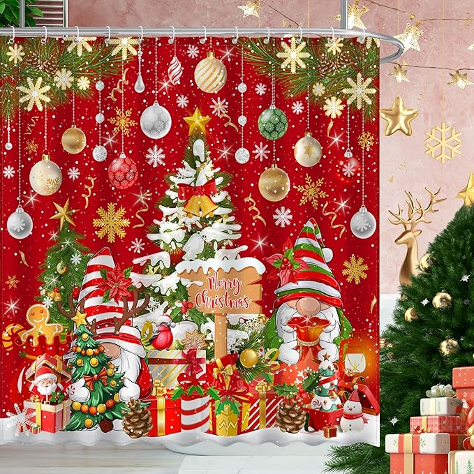 Merry Christmas Gnome Shower Curtain, Winter Xmas Tree Snow Home Holiday Bathroom Decor, Polyester Cloth Fabric Bath Curtain with 12 Hooks 72" W x 72" L Red
