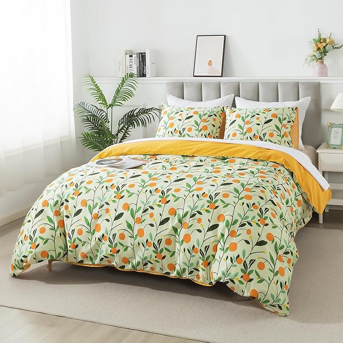 HoneiLife Floral Duvet Cover King - 100% Cotton Comforter Cover, Botanical Bedding Duvet Cover Sets with Zipper Closure & Corner Ties, 3-PC Wildflower Comforter Cover Sets, Fruit