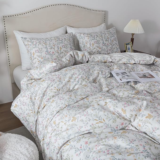 HoneiLife Wildflower Duvet Cover Queen - 100% Cotton Comforter Cover Sets, 3-PC Comfortable Floral Duvet Cover Sets, Botanical Duvet Cover with Zipper Closure & Corner Ties, Lively Spring