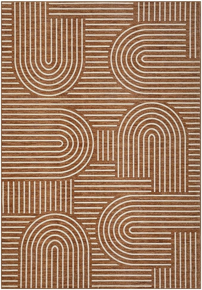 Washable Rug 8x10 Area Rugs for Living Room, Abstract Rug for Bedroom, Soft Rainbow Non Slip Throw Rugs With Rubber Back, Low Pile Stain Resistant Boho Geometric Carpet for Dining Room, Copper