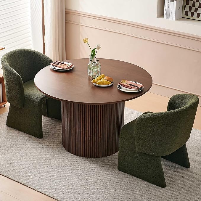 NORDICANA 3-Piece Round Dining Table Set for 2, Rustic 47-Inch Kitchen Table and Chair Set, Dining Set with Dark Green Upholstered Armchairs, Manufactured Wood Top with Walnut Veneer