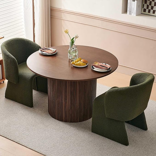 NORDICANA 3-Piece Round Dining Table Set for 2, Rustic 47-Inch Kitchen Table and Chair Set, Dining Set with Dark Green Upholstered Armchairs, Manufactured Wood Top with Walnut Veneer