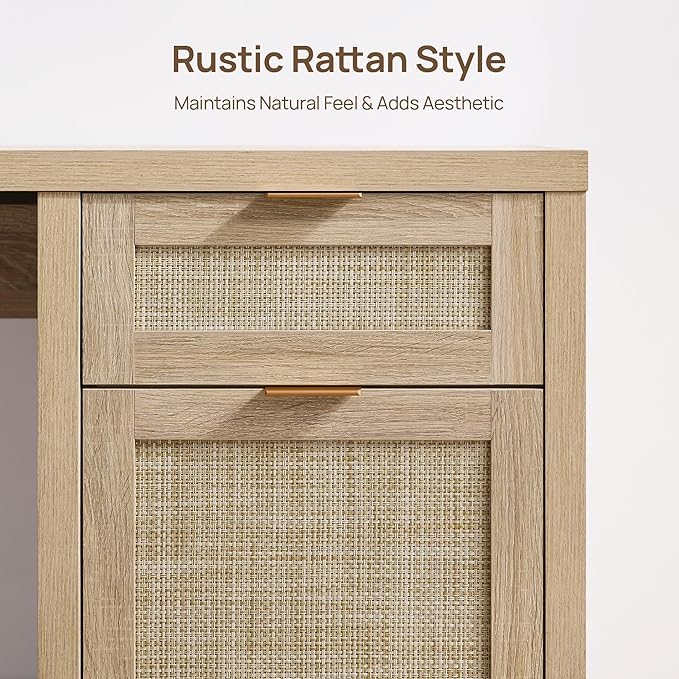 SICOTAS Rattan Home Office Desk, 2 Pieces 59" Boho Executive Desk with Storage Cabinets and Drawers, Larger Computer Laptop Vanity Desk for Office, Study, Living Room, Light Oak