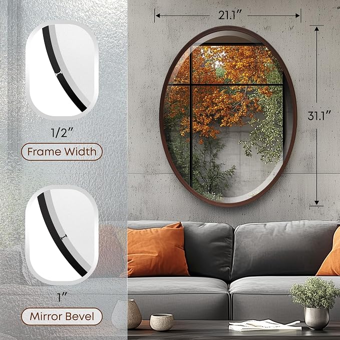 OVALCREST - Oval Wooden Beveled Wall Mirror for Home Decor, Bathroom, Vanity, Bedroom, Living Room, Hallway - London Style (Black Walnut) 31.1 x 21.1