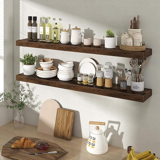 40 Inch Floating Shelves for Wall 2 Pack, 40" Wall Shelves for Books, Storage, Decor, Wall Mounted Floating Shelf with Invisible Brackets for Kitchen, Living Room, Brown