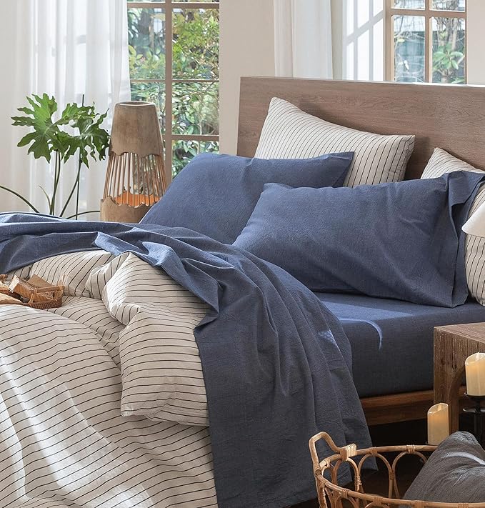 MooMee Bedding Sheet Set 100% Cotton Linen Like Textured Breathable Durable Soft Comfy (Heathered Blue, Queen)