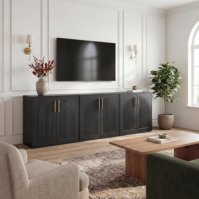 Fluted Sideboard Buffet Cabinet with Storage, Arched Doors & Adjustable Shelves, Modern Accent Credenza, Anti-Tip Console Cabinet for Living Room, Entryway, Hallway & Kitchen, Black