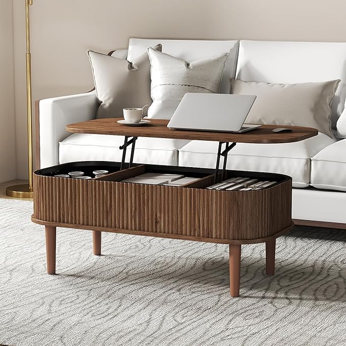 Fluted Lift Top Coffee Table with Hidden Storage, Oval Coffee Table with Lifting Top, Mid Century Modern Design for Living Room, Office & Small Spaces(Walnut)