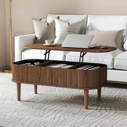 Fluted Lift Top Coffee Table with Hidden Storage, Oval Coffee Table with Lifting Top, Mid Century Modern Design for Living Room, Office & Small Spaces(Walnut)