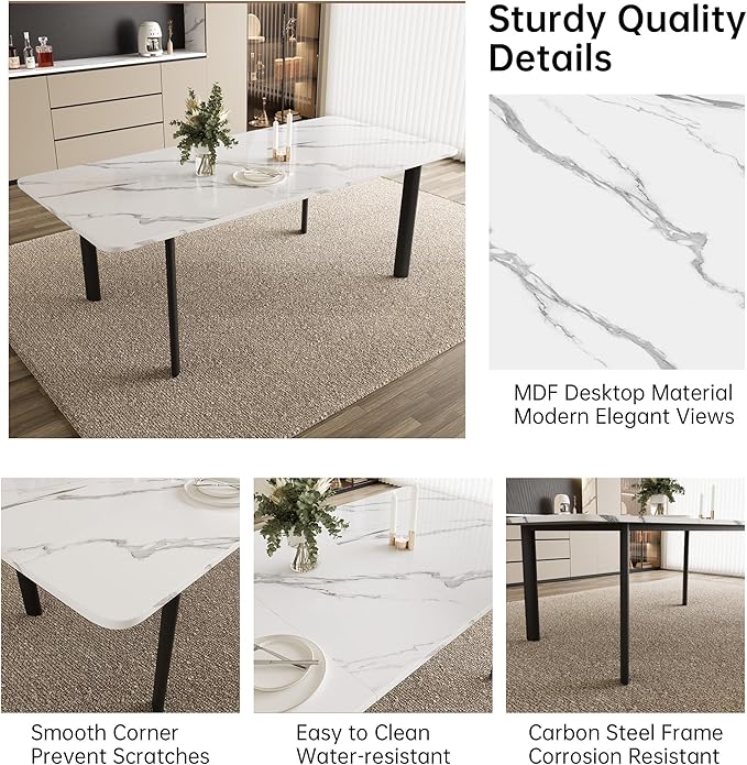 Extendable Dining Table Set for 6-8 People, 63 to 78.7 Inch MDF Kitchen Table with 6 Upholstered Chairs, Space-Saving for Dining Room, Breakfast Nook (White Table & 6 Brown U-Shaped Chairs)