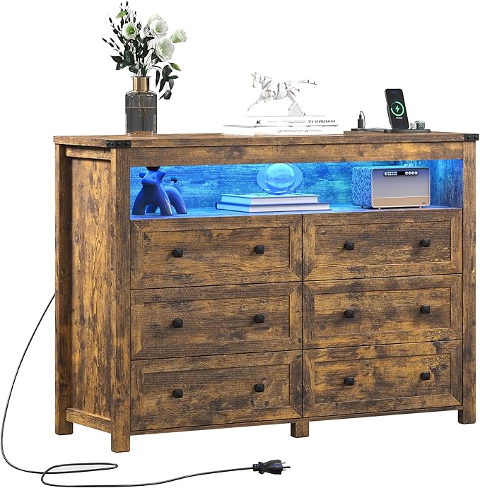 Brown Dresser 6 Drawer Dressers for Bedroom with LED Lights, Charging Station, Wood Chest of Drawers with Metal Handles, Modern TV Stand Storage Cabinet for Living Room, Hallway, Entryway
