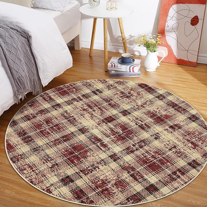 Tartan Plaid Round Rugs 5Ft Washable Area Rug for Playroom, Kids Non-Slip Neutral Classic Circle Rug Modern Large Carpet Soft Boys Rug for Classroom Dorm Bedroom, Red