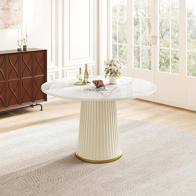 43" Round Dining Table for 2 4 5, Modern Sintered Stone Top Wood Circle Kitchen Table with PU Leather Iron Pedestal for Dining Room Kitchen, Dinner Living Room, Restaurant White