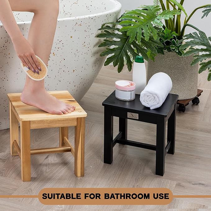 12 Inch Wooden Light Natural Step Stool, Small Nature Beach Chair Under Desk, Indoor Acacia Wood Short Footstool for Living Room, Kitchen, Bathroom
