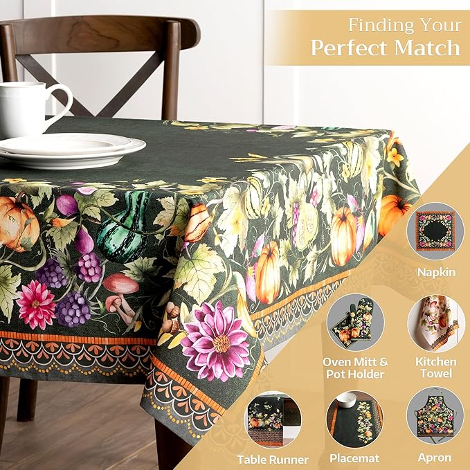 Maison d' Hermine Table Cloth Square Table 100% Cotton 60 x 60 Inches Fall Tablecloth Reusable Everyday Use for Thanksgiving Christmas Decorations Dining Farmhouse Party (Pumpkin Garden - Dark Green)