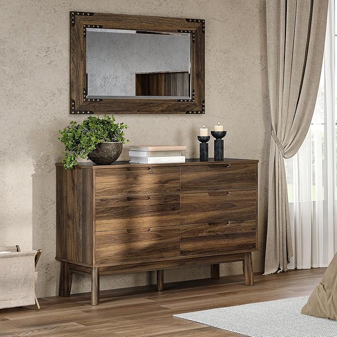 47" Wide Wooden Dresser for Bedroom, Mid-Century Modern 6 Drawer Double Dresser with Natural Wood Grain, Large Horizontal Storage Chest for Living Room, Anti-Tip Kit, Dark Walnut