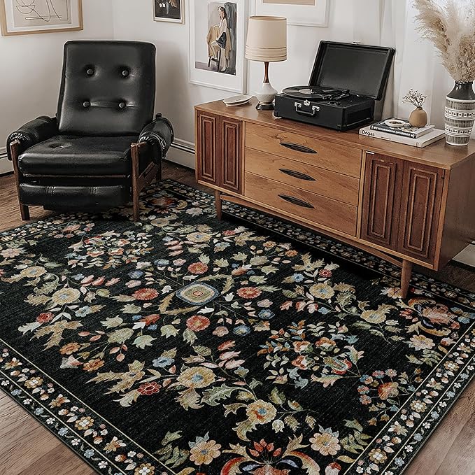 MUJOO Black Rug Washable,Floral 4x6.5 Area Rugs for Bedroom Bedside Living Room,Large Boho Indoor Floor Rug Non Slip Throw Carpet Low Pile Vintage
