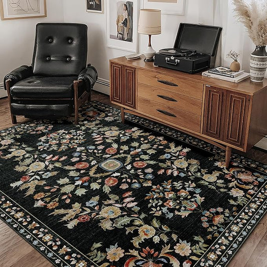 MUJOO Black Rug Washable,Floral 4x6.5 Area Rugs for Bedroom Bedside Living Room,Large Boho Indoor Floor Rug Non Slip Throw Carpet Low Pile Vintage