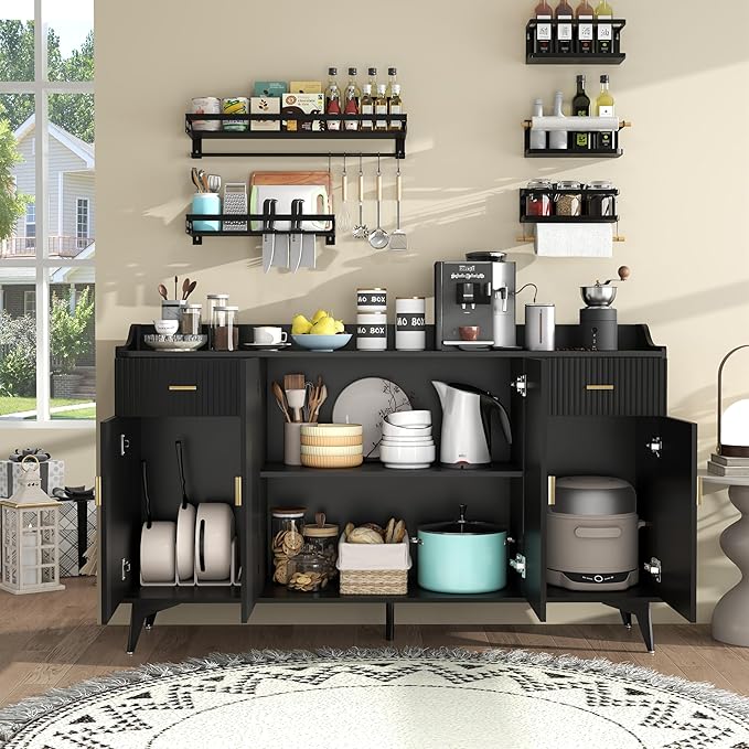 Black Buffet Cabinet with Storage: 63" Fluted Sideboard Cabinet with 2 Drawers, Wood Accent Cabinet with 4 Doors, Wood Credenzas for Living Room, Kitchen (63")