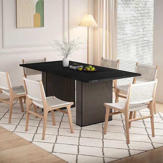 78 Inch Rectangular Dining Table for 6 to 10, Farmhouse Fluted Dining Kitchen Table, Modern Wood Long Dining Table for Kitchen Living Room, Black