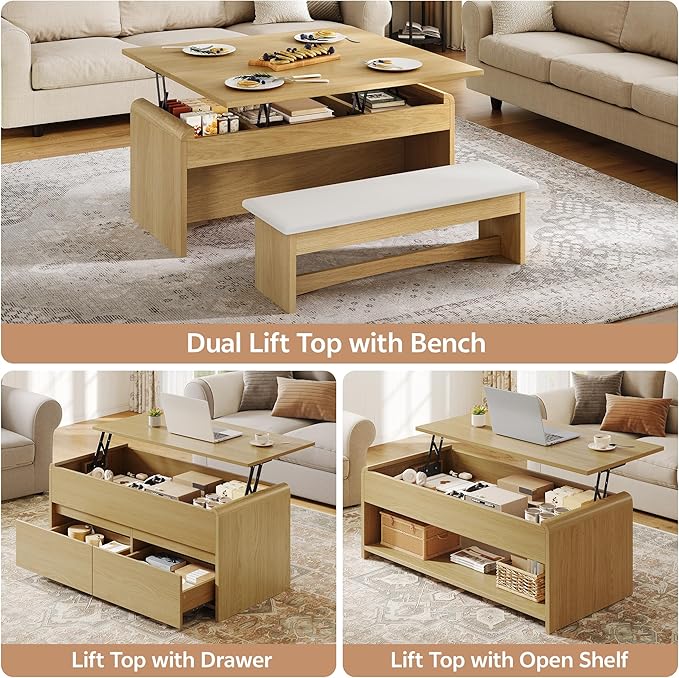 Coffee Table Lift Top, 40 Inch Multi-Function Coffee Table with 2 Drawers, Hidden Compartment, Curved Profile Design, Converts to Home Office Table, Dining Table for Living Room, Natural