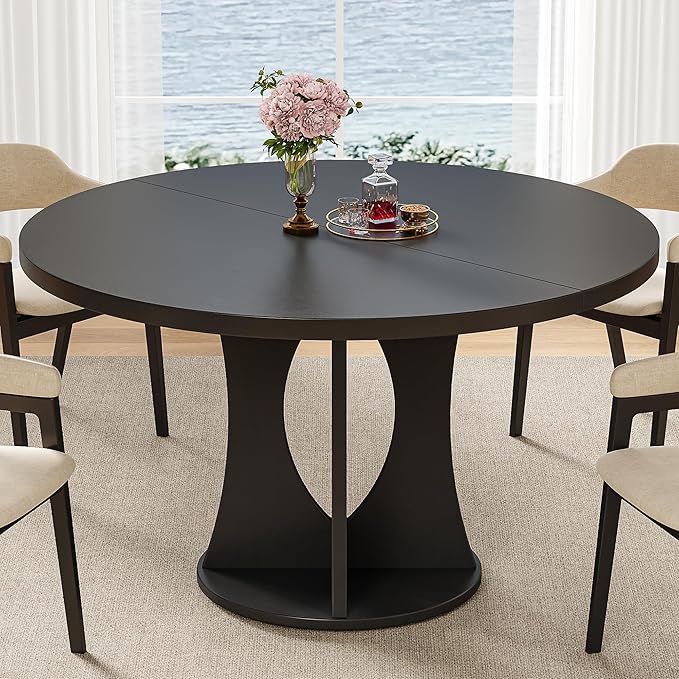 iPormis 47 Inch Round Dining Table for 4-6 People, Wooden Dining Room Table with Pedestal Base, Modern Kitchen Table for Small Spaces, Black, Table Only