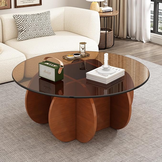 31.5'' Round Glass Coffee Table, Mid Century Modern Cocktail Table with Tempered Glass Top, Sturdy Wood-Inspired Base for Living Room, Small Spaces, Home Office – Easy Assembly (Brown + Brown)