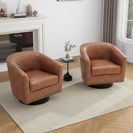 UIXE Faux Leather Swivel Barrel Accent Chairs Set of 2, Upholstered Armchair Club Chair for Living Room, Round Comfy Single Sofa Bedroom Side Reading Seat - Brown